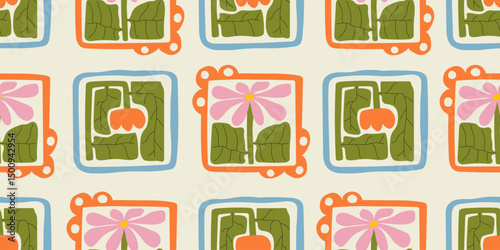 Abstract geometric floral seamless pattern. Matisse art inspired botanical background. Modern flat vector illustration with stylized flowers. Mid century print for wallpaper, fabric, package, paper