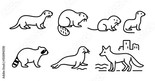 Minimalist animal line icons featuring beaver, fox, and more for nature designs