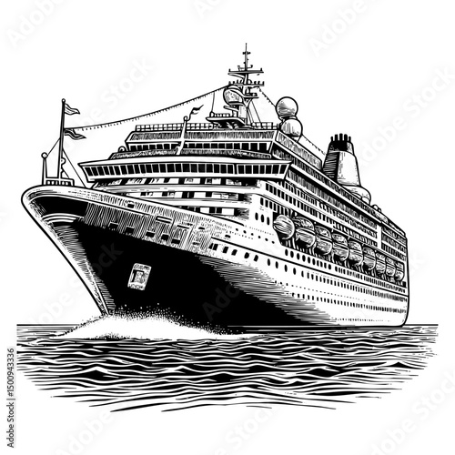 Cruise ship sketch engraving black and white outline. Scratch board imitation.  illustrated in vintage line art style on a white background.