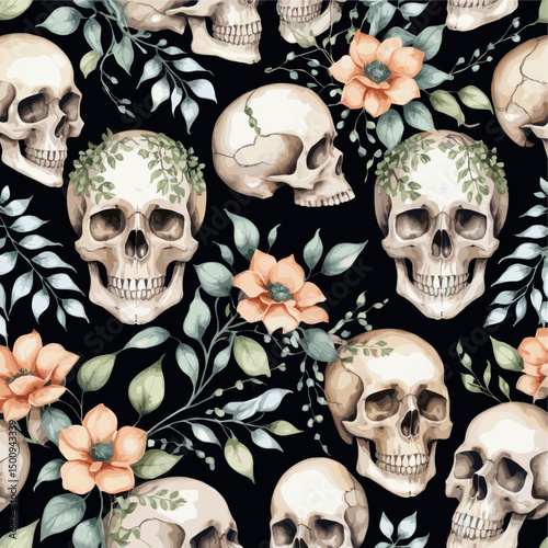 Seamless Pattern of Skulls and Flowers with Leaves on Black Background for Gothic and Halloween Designs