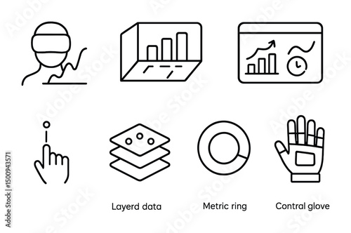 Futuristic data visualization and interaction technology icons for digital interfaces