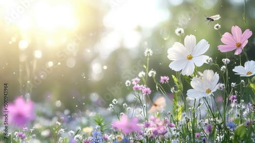 Beautiful Meadow Flowers in Gentle Sunlight meadow sunlight gentle beautiful cosmos flower floral ai