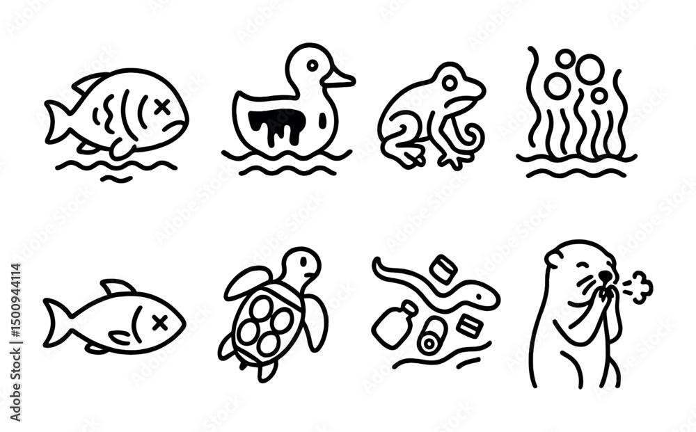 Environmental pollution impact on water life and wildlife illustration Environmental pollution impact on water life and wildlife illustration