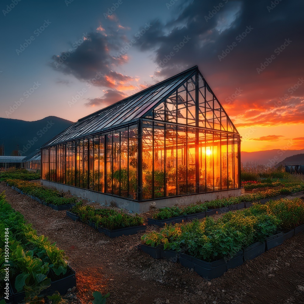 Obraz premium Warm sunlight streams through the glass greenhouse du a colorful sunset
