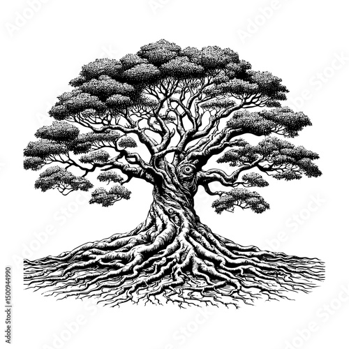 tree with sprawling branches and deep, intricate root sketch engraving black and white outline. Scratch board imitation.