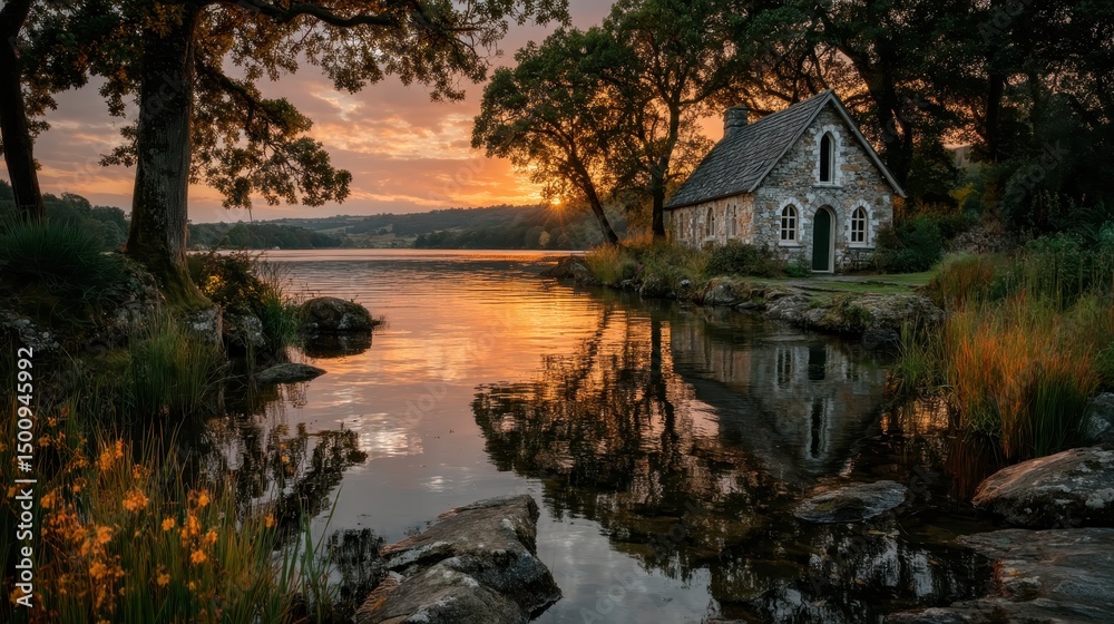 Fototapeta premium A quaint stone cottage reflects in the tranquil lake at a golden sunset.