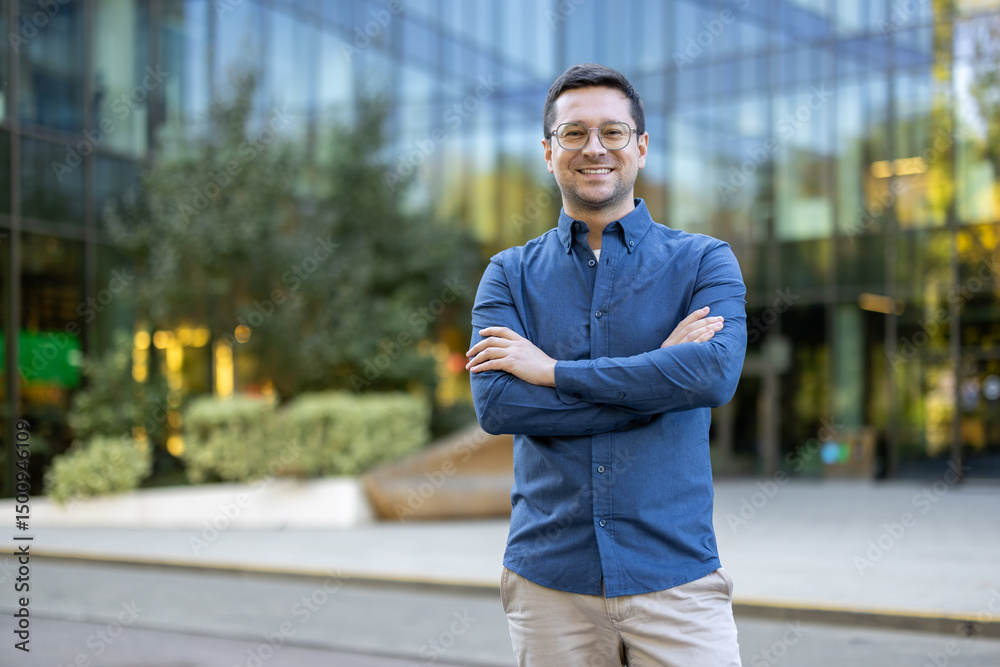 Fototapeta premium A confident businessman, smiling with arms crossed, stands confidently in front of a modern office building on a sunny day.