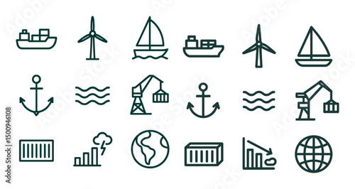 Maritime and shipping line icons set – linear, outline, nautical and marine symbols