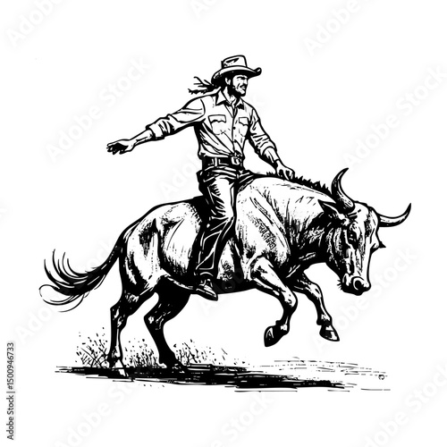 cowboy riding bull on rodeo sketch engraving black and white outline. Scratch board imitation.