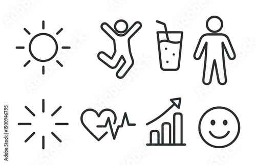 Icon set of summer activities, healthy lifestyle, and positive emotions