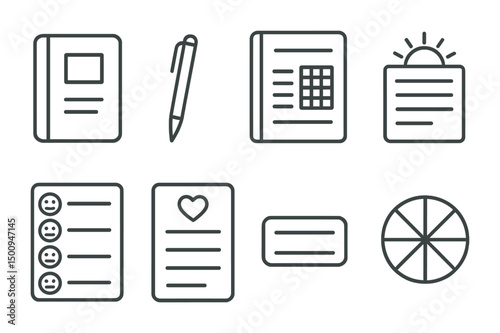 Minimalist office supply icons including notebook and pen set