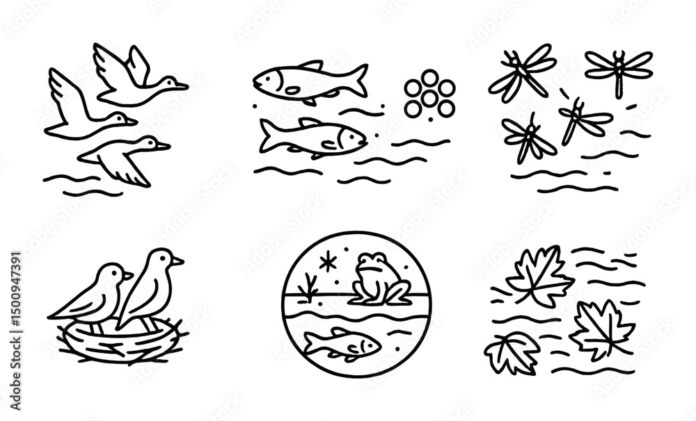 Obraz premium Nature and wildlife line art illustrations for cards and posters