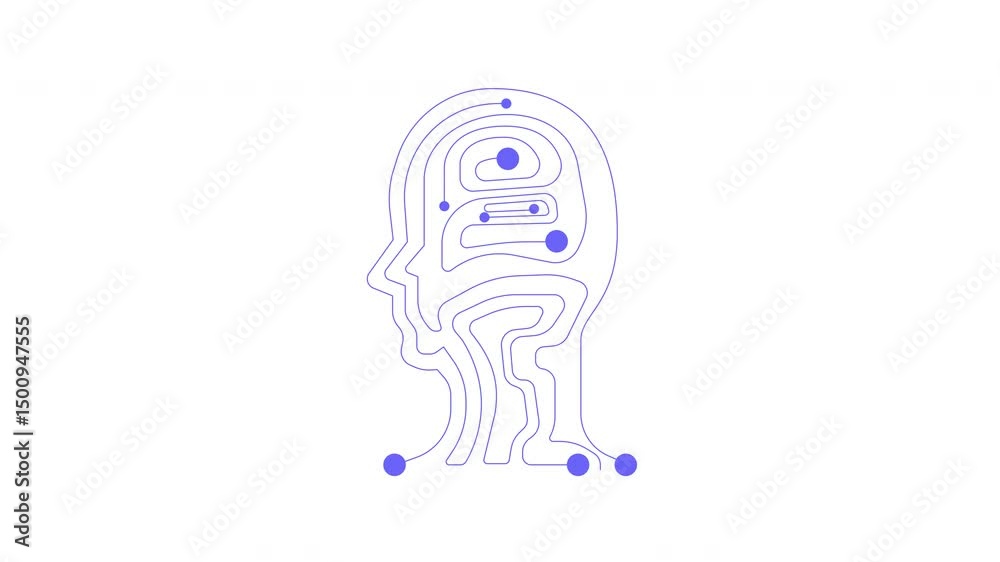 Abstract human head with circuit pathways and pulsing dots 2D cartoon ...