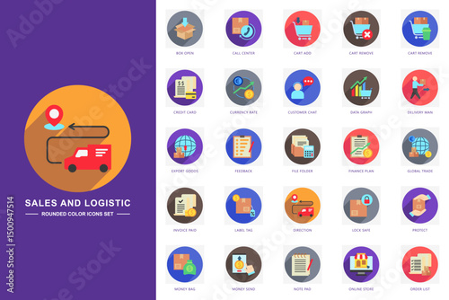 Sales and logistic rounded flat color icons set. contain credit card, delivery man, data graph, online store and more. use for modern concept, print, UI, UX kit, web and app development. Vector EPS 10