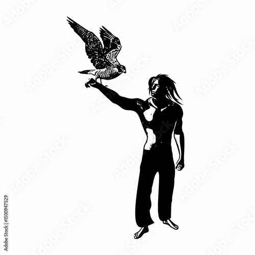 Vector silhouette of a man holding a falcon on his hand, representing falconry or wildlife bond.