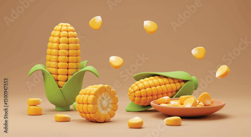This eye-level illustrative composition features an arrangement of sweet corn and corn kernels in a warm-toned setting, with select kernels suspended in mid-air.