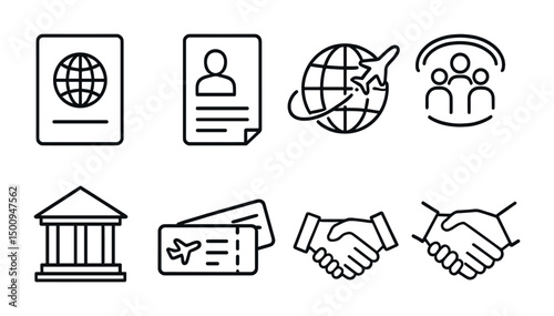 Travel and tourism icons for passport, tickets, and global adventures