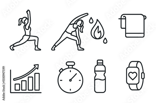 Fitness icons: workout, stretching, hydration, and performance monitoring for health enthusiasts