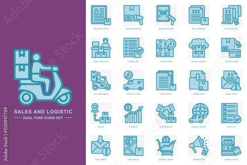 Sales and logistic dual tone color icons set. contain account info, barcode scan, bill payment, delivery man and more. use for modern concept, print, UI, UX kit, web and app development. Vector EPS 10
