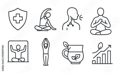 Wellness and health icons for meditation, exercise, and herbal remedies