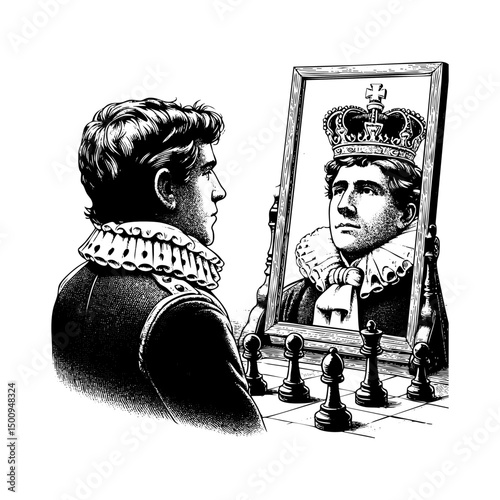 King look on mirror sketch engraving black and white outline. Scratch board imitation.