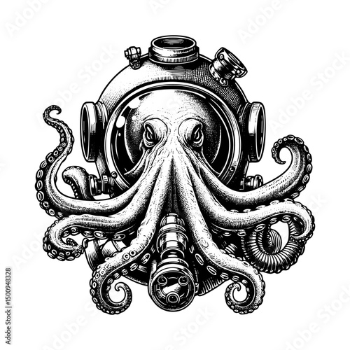 octopus wear vintage diving helmet sketch engraving black and white outline. Scratch board imitation.