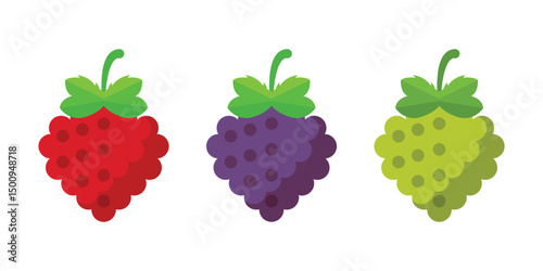 Grape, blueberry, raspberry fruit icon set collection in flat style. Berry vector illustration on isolated background. Nature snack sign business concept.