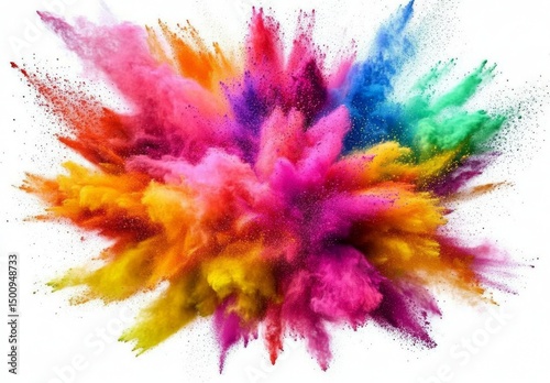 A vibrant explosion of colorful powder splatters against a white background, creating an abstract cloud of paint and dust in shades of blue, yellow, and rainbow colours