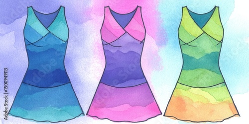 Tres diseños de vestido de baño con degradado acuarelado photo
