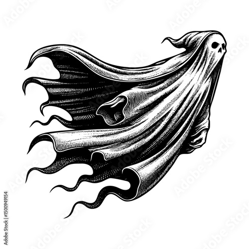 Ghost skull wear hoodie while holding lantern sketch engraving black and white outline. Scratch board imitation.