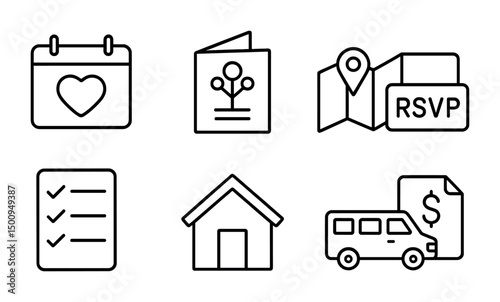 Event planning icons for invitations and travel coordination