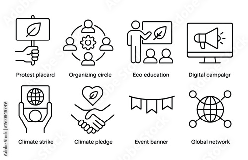 Eco activism and education icons for climate awareness and community engagement