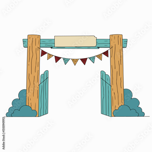 Cartoon Wooden Entrance with Bunting