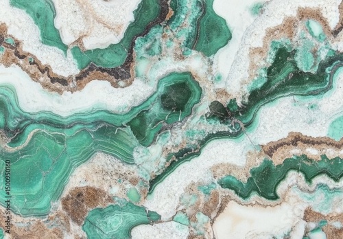 Glossy green marble slab tile walls with ceramic texture provide a background, paired with granite matt surfaces, stone floors, and decorations of vintage patterned wallpaper, rough abstract interior