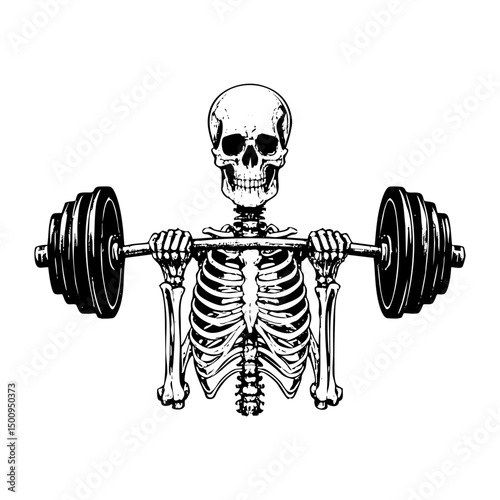 Skeleton holding dumbell sketch engraving black and white outline. Scratch board imitation.  illustrated in vintage line art style on a white background.