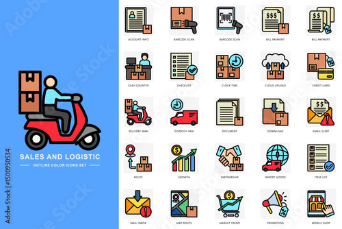 Sales and logistic colored icons set. contain account info, barcode scan, bill payment, delivery man, route and more. use for modern concept, print, UI, UX kit, web and app development. Vector EPS 10