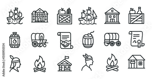 Pioneer and frontier icons set – outline, linear, adventure and exploration symbols