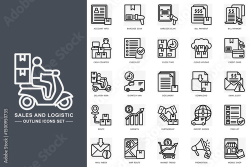 Sales and logistic outline icons set. contain account info, barcode scan, bill payment, delivery man, route and more. use for modern concept, print, UI, UX kit, web and app development. Vector EPS 10