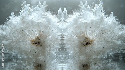 Dandelion tuft on mirror with reflected seeds soft focus and fragile symmetry ideal for conceptual or poetic themes