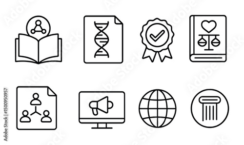 Educational icons for certification, marketing, and legal concepts
