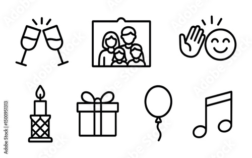 Celebration icons for events and holidays: family, gifts, music, and more