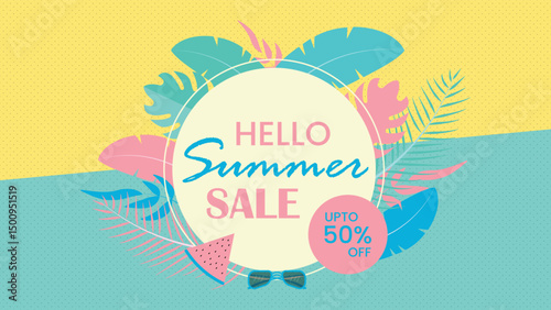 Colorful summer sale design with tropical leaves watermelon sunglasses and discount offer perfect for seasonal promotions and digital marketing