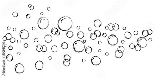 Cartoon soap bubbles. A foam sample with black round shapes. Vector illustration shampoo in the bathroom or drinking foam. Simple soap background. Oxygen circles fly up