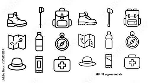 Hiking essentials line icons set – outdoor, camping, adventure symbols