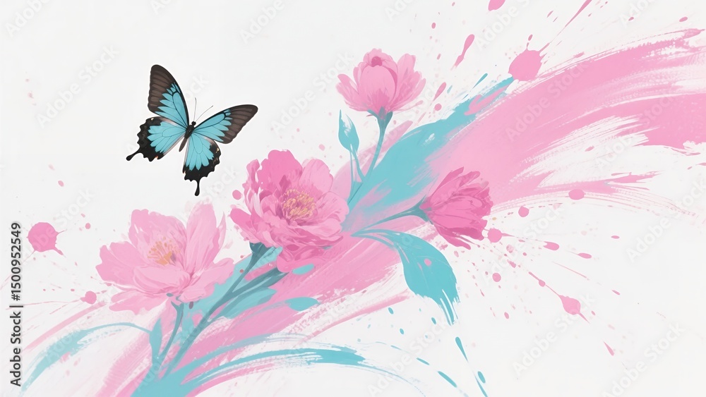 Elegant Butterfly with Floral and Ink Splash Elements