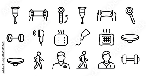 Physical therapy line icons set – rehabilitation, exercise, health symbols