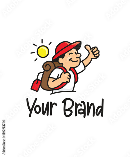 A cartoon drawing of a happy man with a brown backpack and a red bucket hat