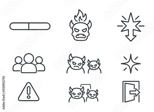 Collection of halloween icons featuring demons and warning signs for graphic design projects