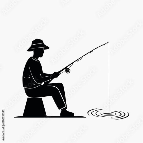 Fisherman Sitting and Fishing Silhouette — Flat 2D Minimalist Vector