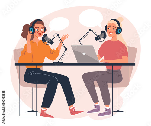 Two women in headphones recording a podcast. Female podcasters talking into microphones in studio. Modern media and content creation concept. Flat vector illustration